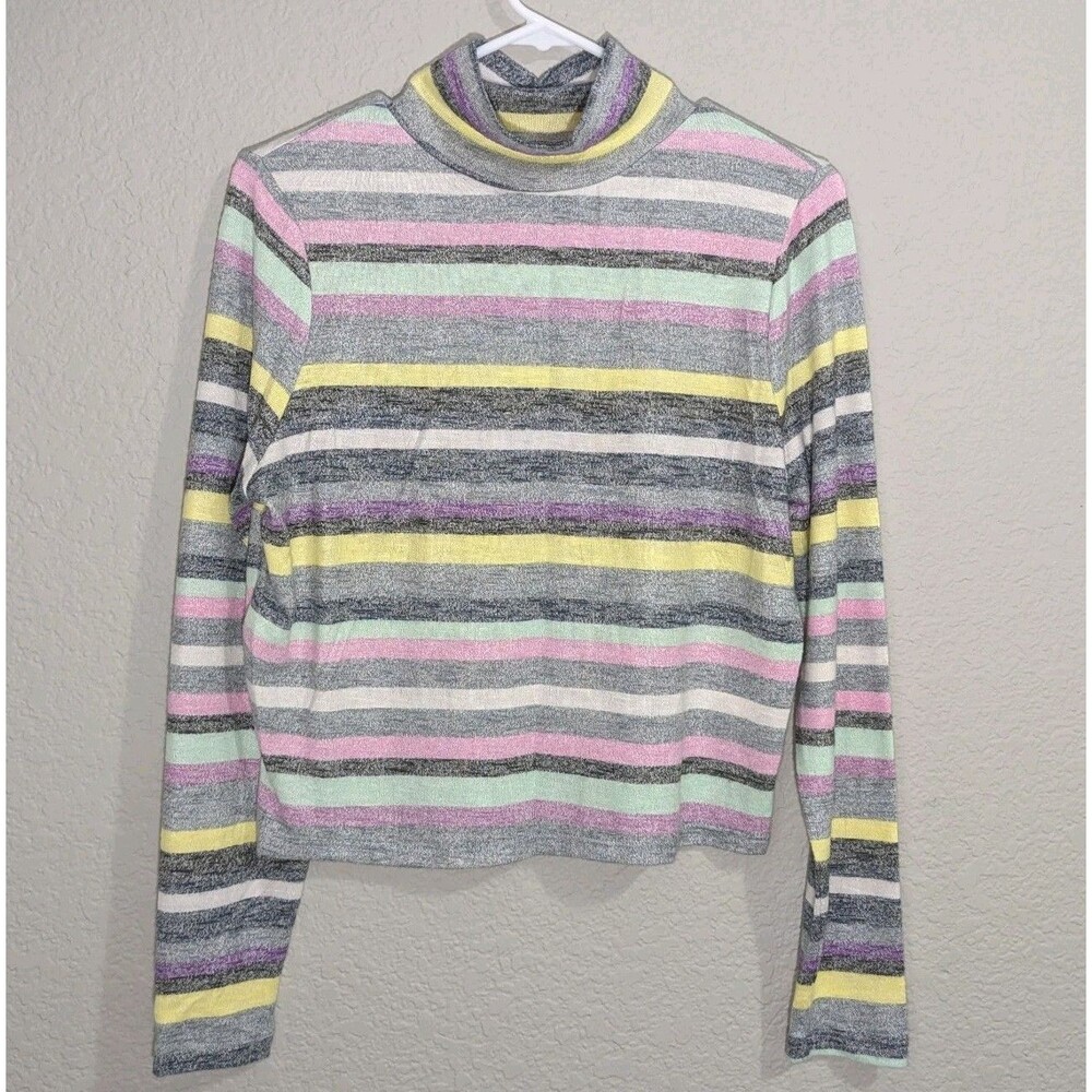 Women's Cropped Top Size Large Long Sleeve Top Rainbow Stripe Mock Neck